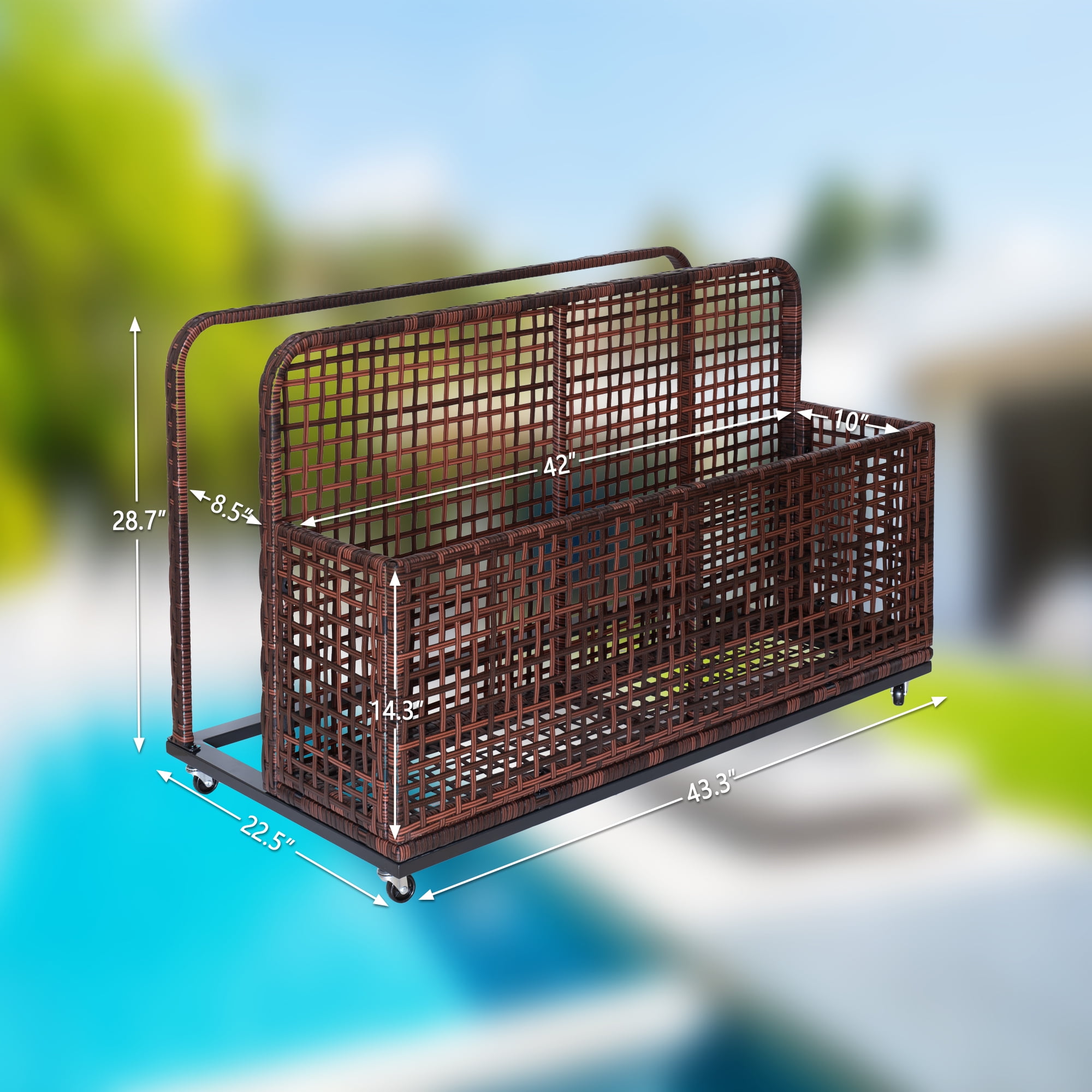 Poolside Storage Push Cart with Rattan Storage Basket, Outdoor Beach Storage Box with Rolling Wheels