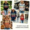 thumbnail image 3 of Women's Half-Zip Striped Sweatshirt, Loose Long Sleeve Stand-Up Collar Pullover Top, Casual Fall Winter | CSEONE,Army Green L, 3 of 9
