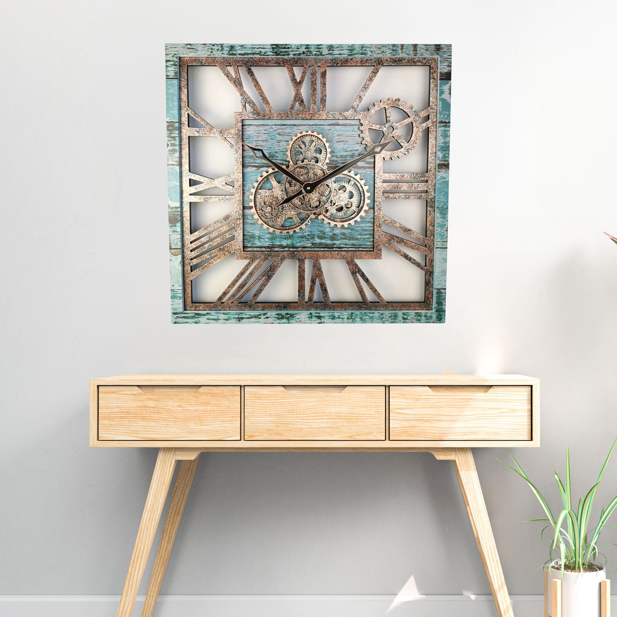 THE GEARS CLOCK Wall Clock with Real Moving Gears AM-LI_ 24 in Square Aqua-Green