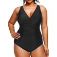 thumbnail image 4 of GHSDFBB Women Plus Size One Piece Swimsuits V Neck Tummy Control Bathing Suits Retro Ruched Swimwear, 4 of 6