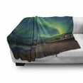 thumbnail image 2 of Night Ocean Soft Flannel Fleece Throw Blanket, Aurora Borealis Starry Night Landscape Norway, Cozy Plush for Indoor and Outdoor Use, 70" x 90", Shamrock Green Chocolate, by Ambesonne, 2 of 5