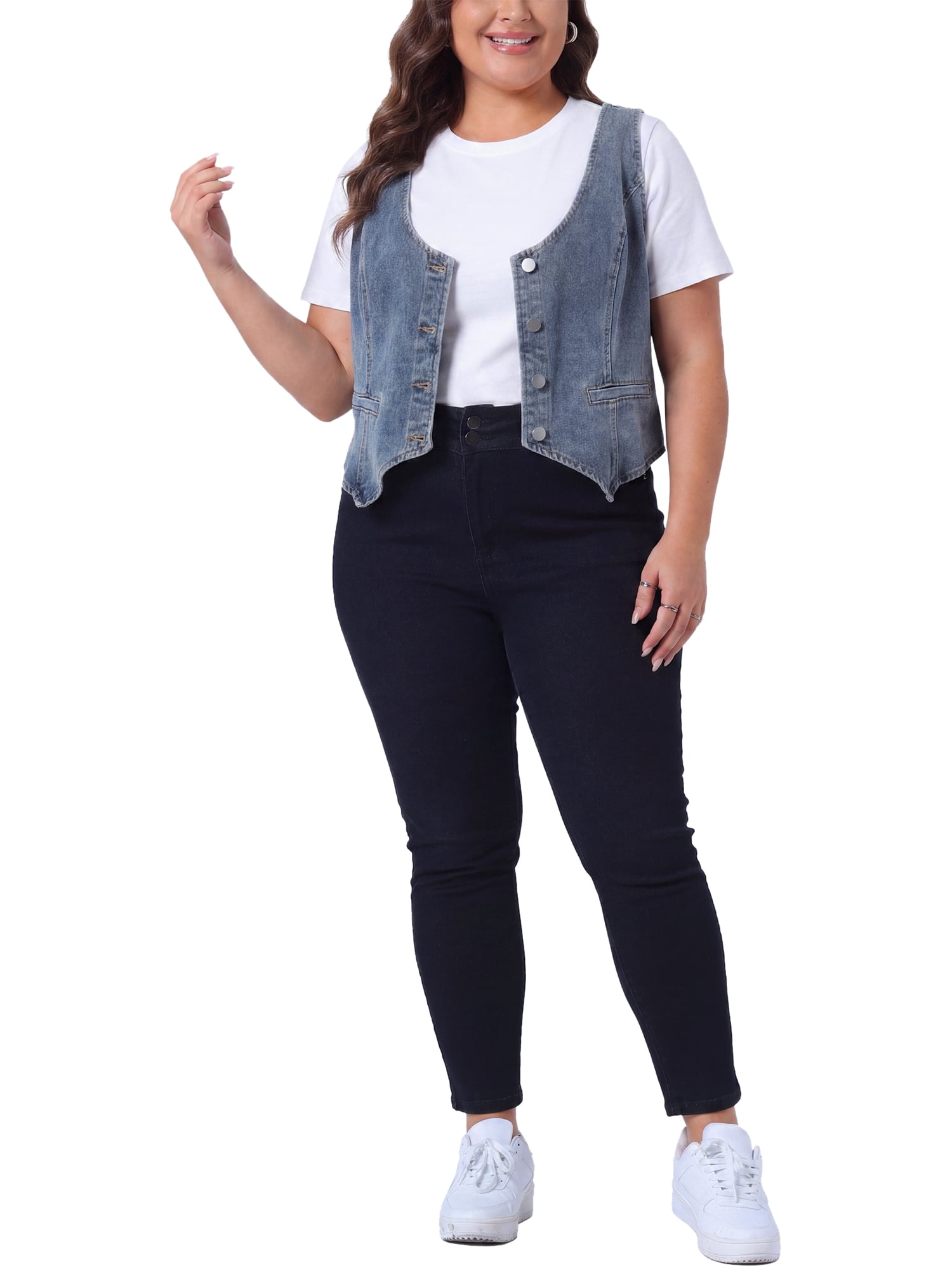 DARING DIVA Women's Plus Size Button Down V Neck Sleeveless Jean Waistcoat 4X Gray Blue