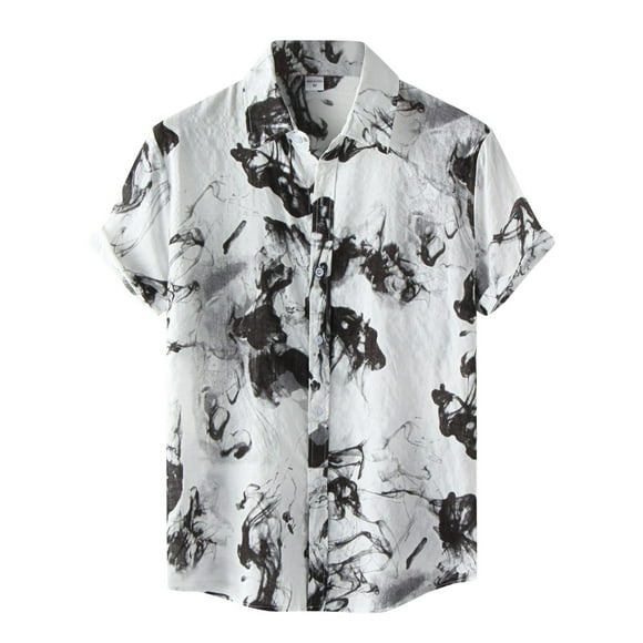 Ketyyh-chn99 Mens T-Shirts Fall Clothes Turn Down Sleeve Beach Short Men's Casual Ink Shirt Printed Button Men Shirts Black,XL