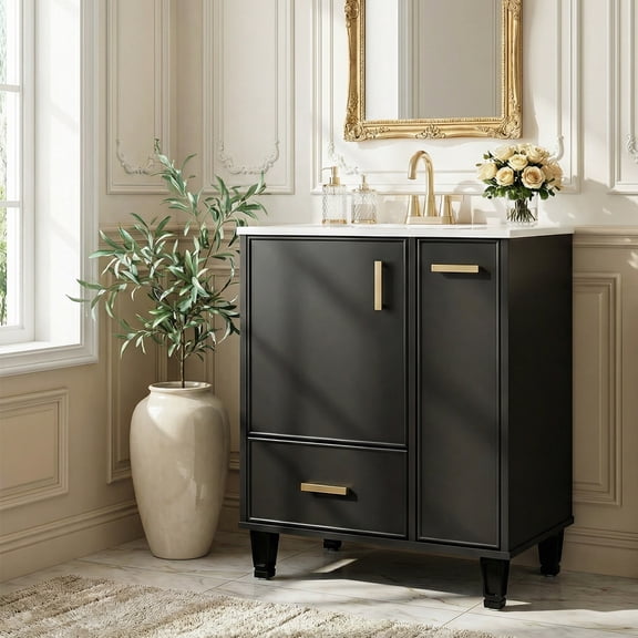 24" Bathroom Vanity with Sink, Poplar Vanity Cabinet with Door Shelf, 2-Tier Pull-Out Basket and Deep Drawer, Black