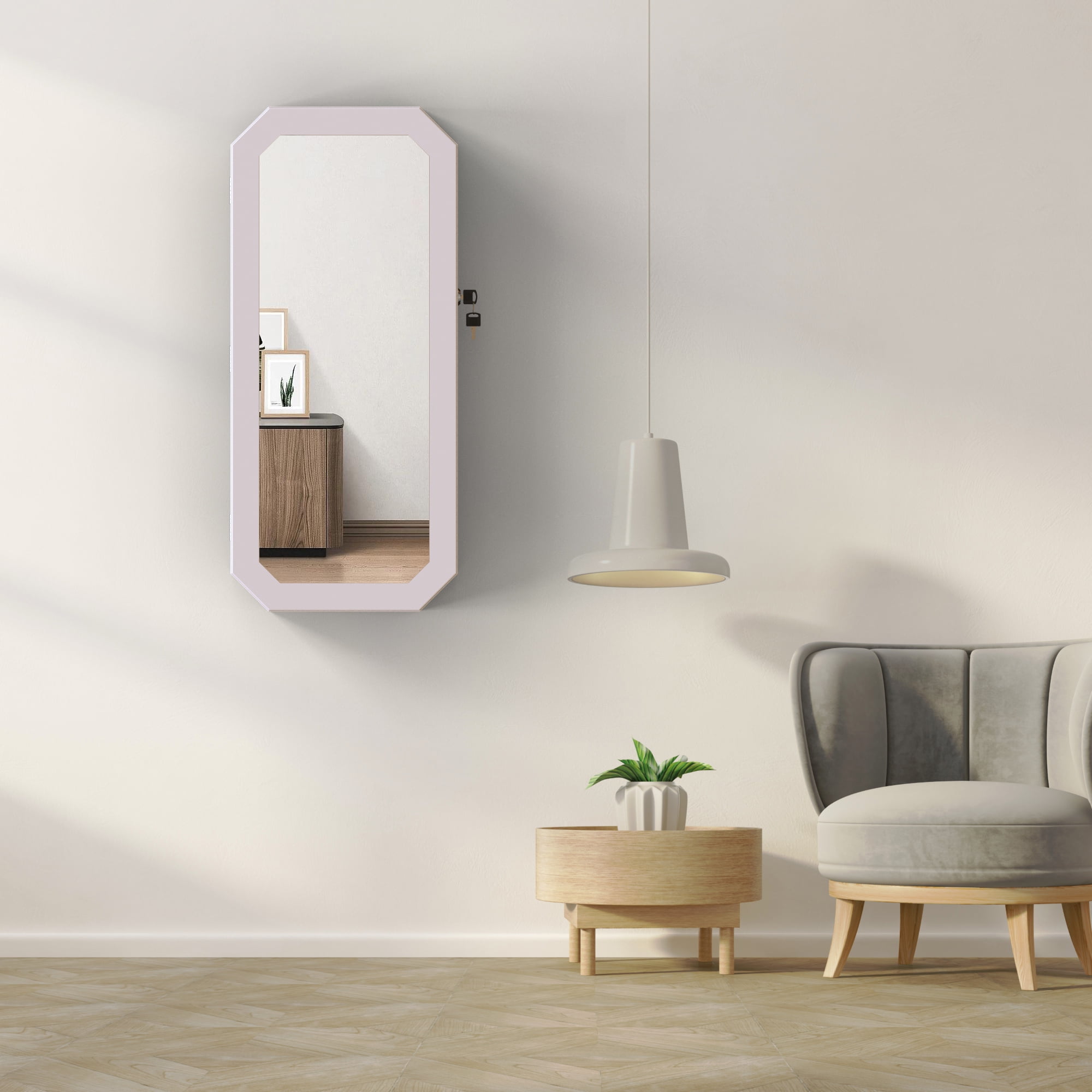 Resenkos Wall or Door Mount Octagon Jewelry Armoire Full Mirror, Wood Lockable Storage Mirror Jewelry Cabinet, White