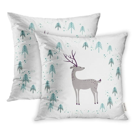 USART Deer in Winter Pine Forest White for Christmas Year Stationery Pillow Case Pillow Cover 16x16 inch Set of 2