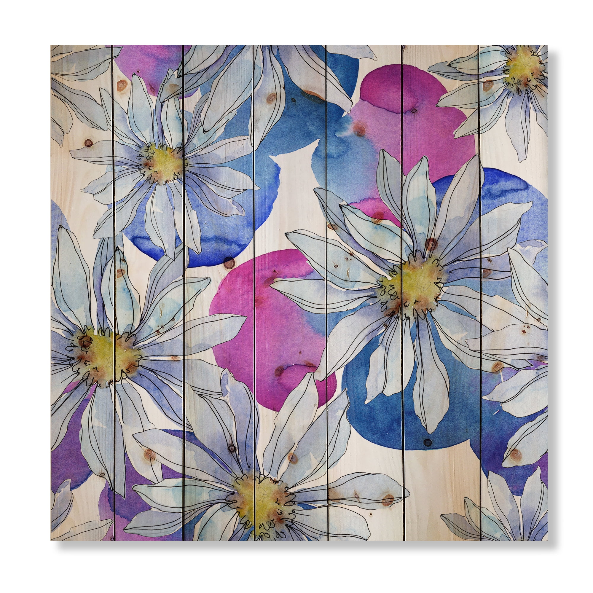 Designart 'Daisies On Red and Blue Backgorund' Traditional Print on Natural Pine Wood