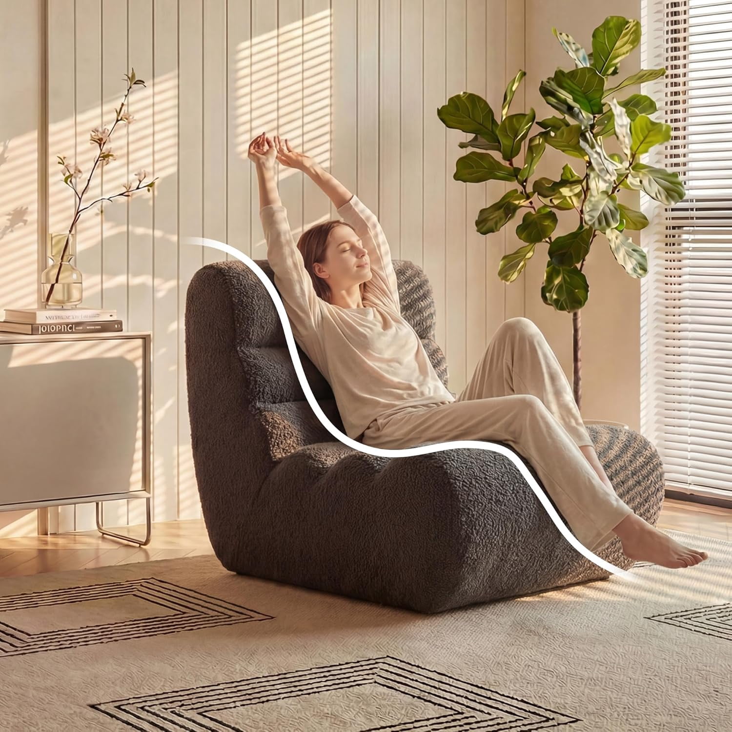 Springg Bean Bag Chairs for Adults, Chaise Lounge Chair Indoor with Memory Foam, Cozy Reading Chair with Convenient Movable Handle for Living Room, Apartment, Home Theater (Grey)