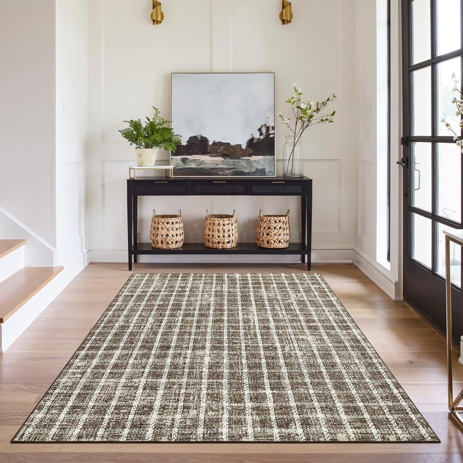 Twister.CK 6' x 9' Plaid Area Rugs, Modern Washable Stain-Resistant Carpet, Non Slip Indoor Rug for Living Room Dining Room Office, Coffee