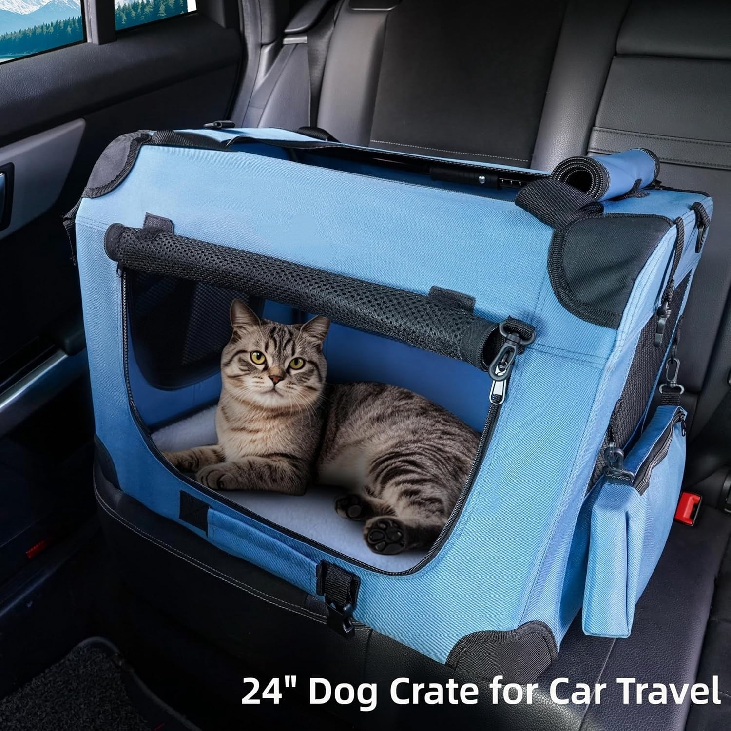 Portable Collapsible Dog Crate, Travel Dog Crate 24x17x17 with Soft Warm Blanket and Foldable Bowl for Large Cats & Small Dogs Indoor and Outdoor