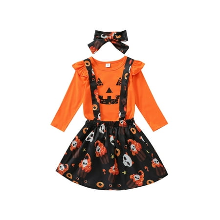 

ZIYIXIN Toddler Baby Girls Halloween Outfits Ruffle Smile Face Print T-Shirt + Skull Print Suspenders Skirt + Headband Set Orange 4-5 Years