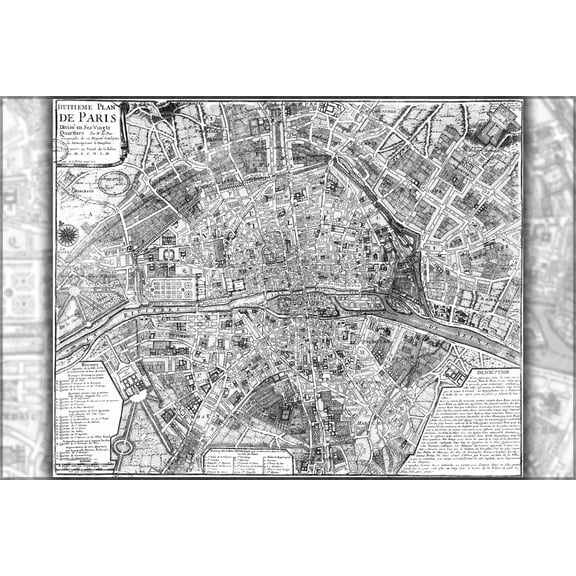 24"x36" Gallery Poster, map of Paris france circa 1705