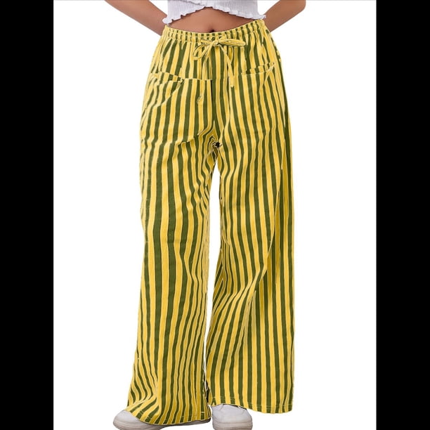 Pantalones de Rayas con Cordón para Mujer, Holgados, de Pierna , Informales, de Cintura Baja, Cómodos y con Bolsillos Amarillo XXL