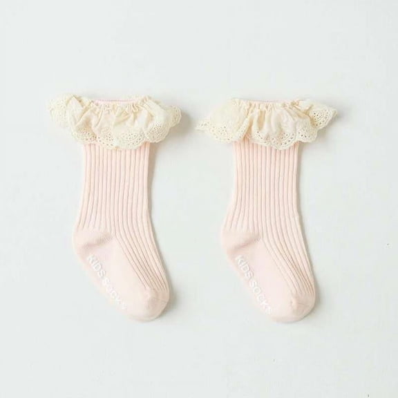 Toddler Girls Light Pink Knee High Socks with Eyelet Lace Trim 1-3 Years