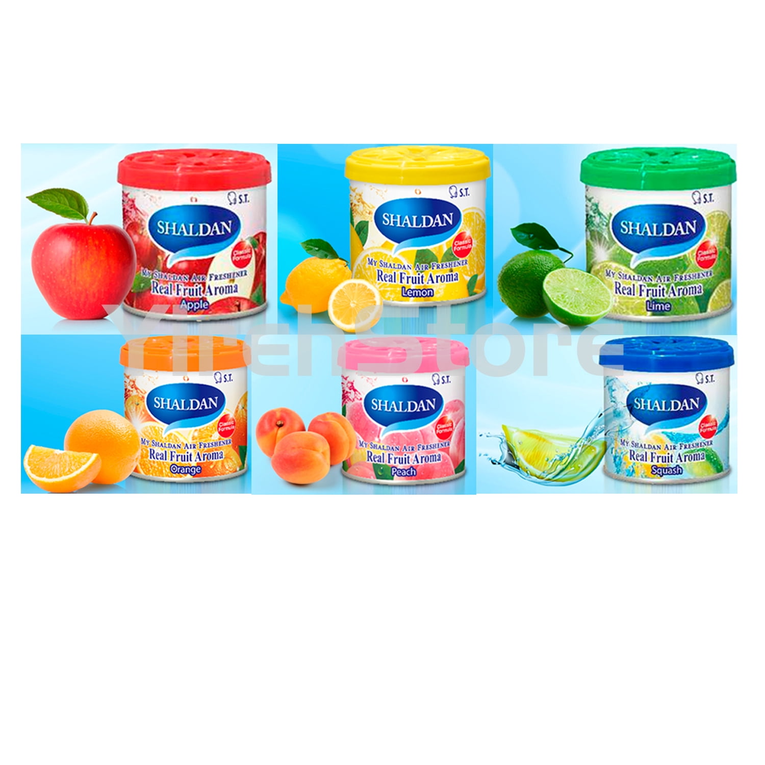 YirehStore My Shaldan Original Classic Formula, Assorted 6-cans, Apple Lemon Lime Orange Peach Squash scent, Car Cup-holder Natural air freshener