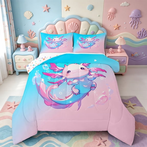 Manfei Rainbow Axolotl Full Size Comforter Sets,Watercolor Ocean Animal Bedding Comforter Set,Colorful Stars Reversible,3pcs,1 Comforter and 2 Pillowcases