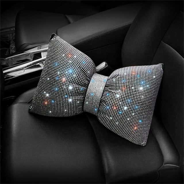 2023 Shiny Rhinestone Bow Car Headrest Neck Pillow for Women Driver Back Support and Relaxation Accessory