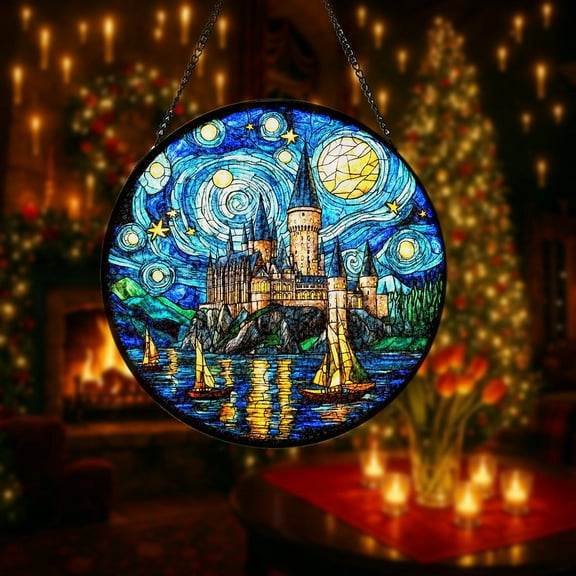 Wizard School Stained Glass Suncatcher, Enchanted Castle Stained Glass Suncatcher – Christmas Window Decor for Book Lovers & Fantasy Fans 4308487008