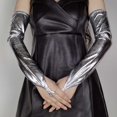 thumbnail image 1 of Girls' Boys' Adults' Bridal Gloves Stretchy Silver Fingerless Over Elbow Dancing Hallowmas Opera Long Gloves, 1 of 3