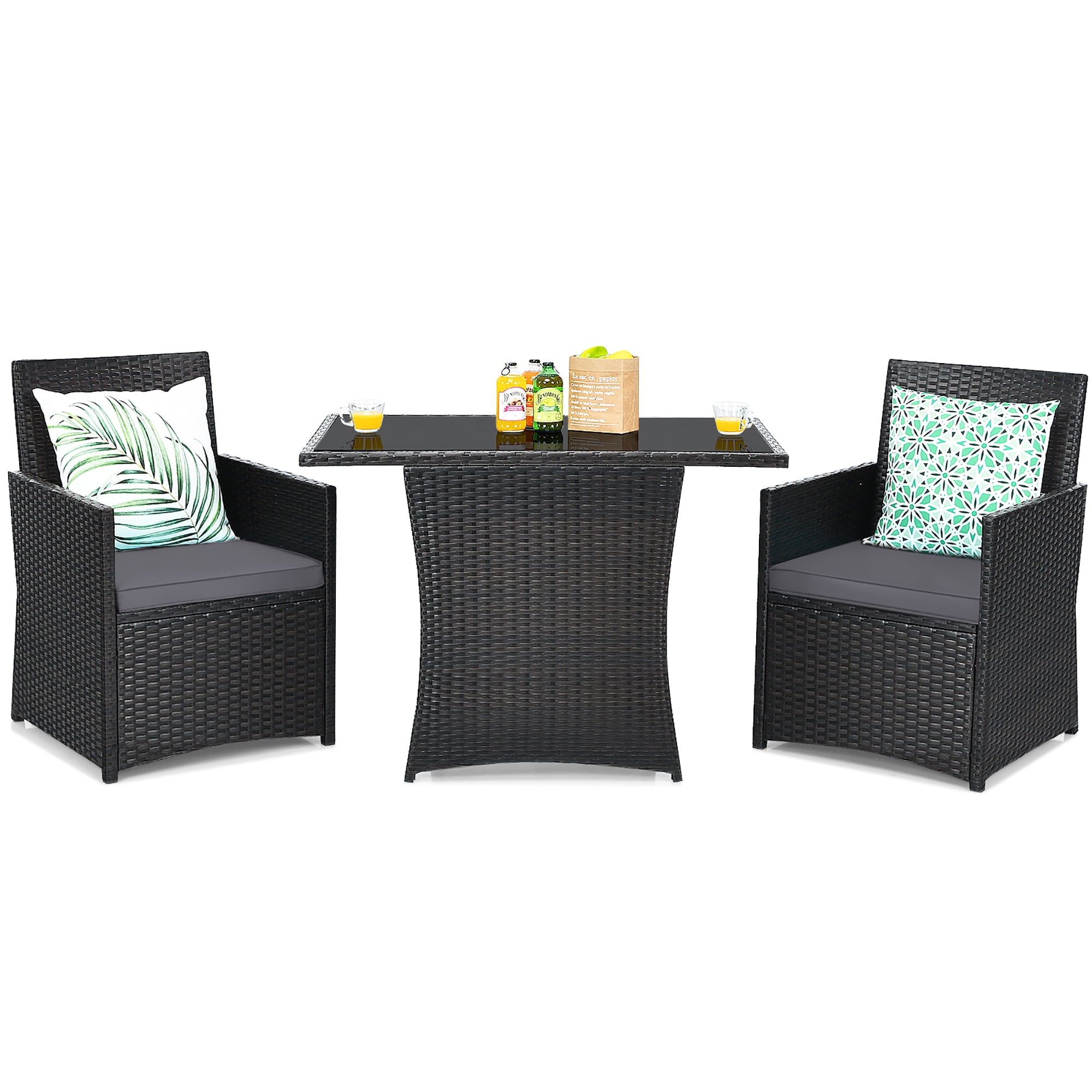 Costway 3-Piece Rattan Patio Furniture Set with Cushioned Sofa and Table, Gray