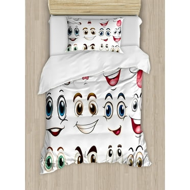 Cartoon Decor Twin Size Duvet Cover Set, Smiley Face Emoji Cartoon Hand Drawing Image with Positive Face Expressions, Decorative 2 Piece Bedding Set with 1 Pillow Sham, Multicolor, by Ambesonne