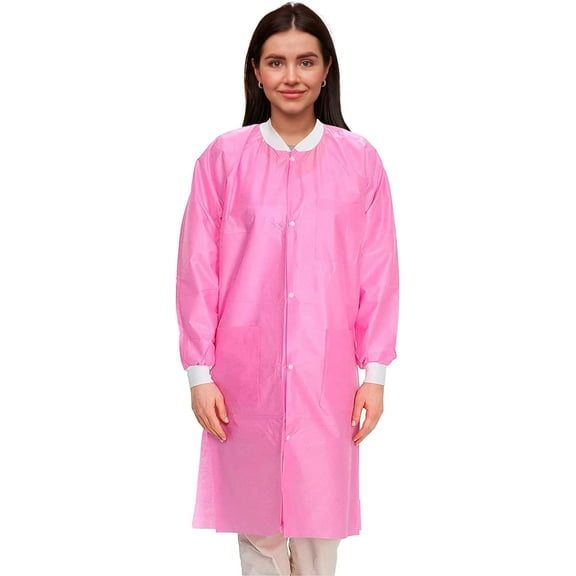 Disposable Lab Coat 43 Inches Long, Medium. Pack of 50 Pink SMS Disposable Lab Coats for Adults. 50 GSM Disposable Coats Medical with 3 Pockets, Front Snaps, Knit Cuffs, and Collar