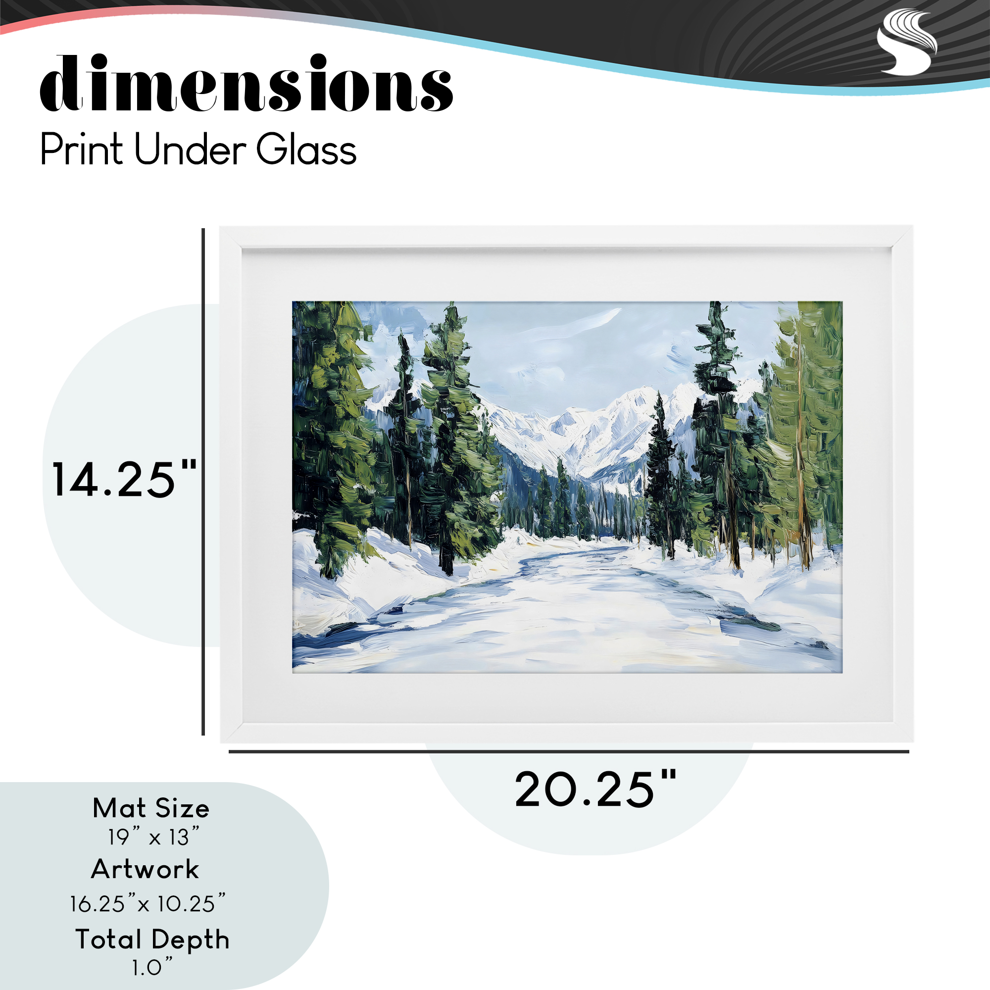 Snowy Tall Tree Pass White Framed Print Under Glass, design by Petal Prints Design