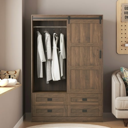 70" Tall Armoire Wardrobe Closet Clothing Storage Cabinet with Hanging Rod,Barn Door Drawers,Open Shelves