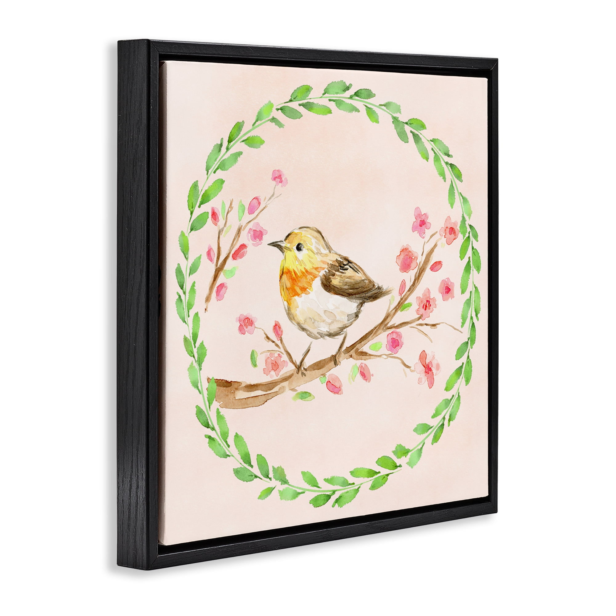 Spring Wreaths Bird Black Framed Floater Canvas Wall Art, design by Elena Fay
