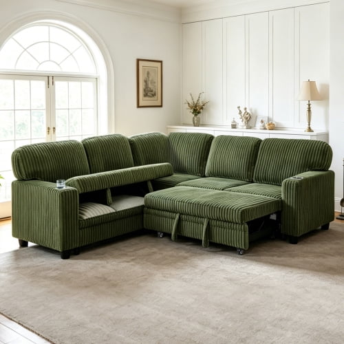 EPOWP 81" Modular Sectional Sofa, L-Shaped 5-Seater Sleeper Sofa with Pull-Out Bed, Corduroy Couch with Hidden Storage Chaise, Cup Holders & USB Charging Ports, Convertible Sofa Bed,Green