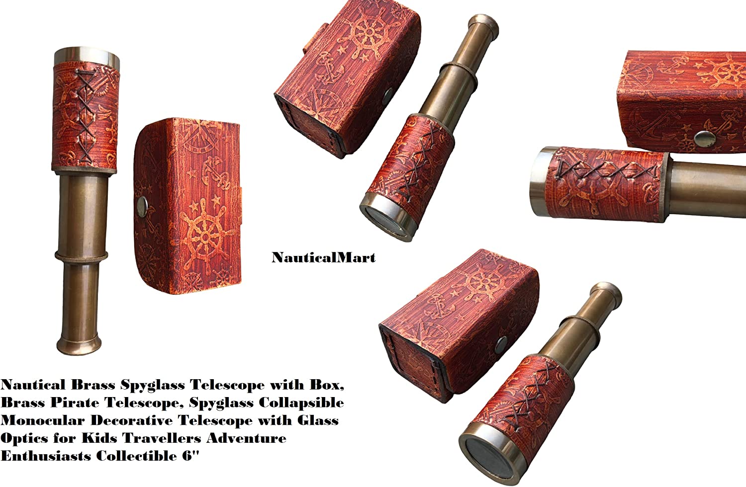 Nautical Brass Spyglass Telescope with Box, Brass Pirate Telescope, Spyglass Collapsible Monocular Decorative Telescope with Glass Optics for Kids Travellers Adventure Enthusiasts Collectible 6''