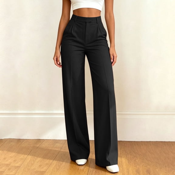 Costeam Womens Button Front Pleated High Waist Wide Leg Dress Pants Dual Side Inset Hand Pockets Wrinkle Resistant Woven Relaxed Fit Office Casual Palazzo Trousers