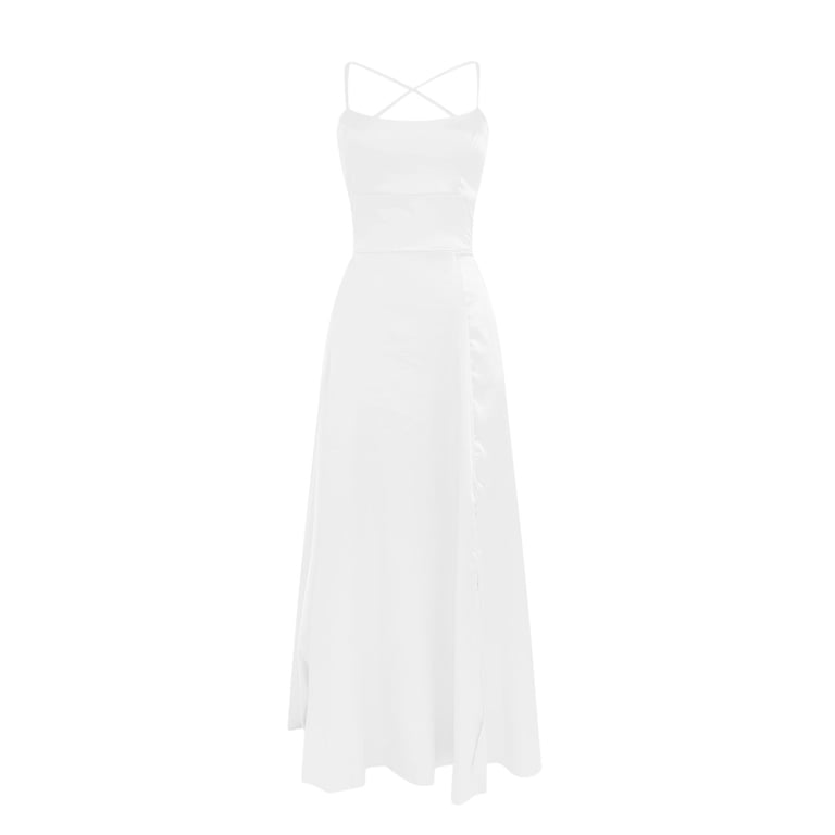 RKSTN Dresses for Women Graduation Dress Satin Backless Cami Dress Crew Neck Tie High Slit Party Evening Gown (White ,M)