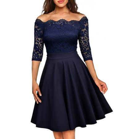 Lace Shoulder Button - MIUSOL Women's Floral Lace Cold Shoulder Evening Party Summer Dress with 1/2 Sleeve