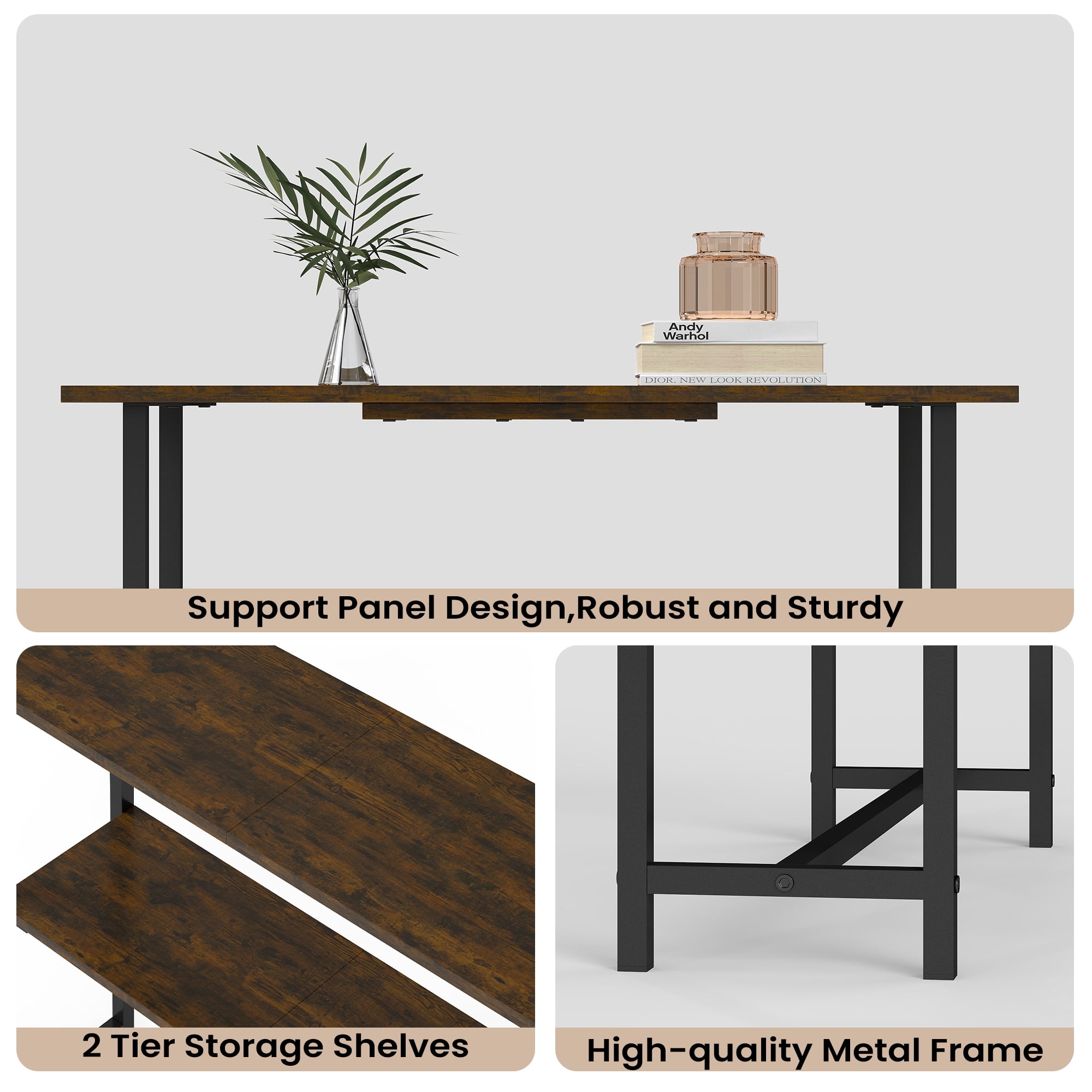 Manora Farmhouse Console Table, 2-Tier Console Table, Narrow Sofa Table with Adjustable Feet for Entryway, Living Room, Rustic Brown