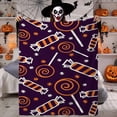 thumbnail image 2 of Halloween Candy-Themed Blanket - Soft Flannel Throw with Orange Lollipops & Spiders, Purple Base, Cozy for Couch & Bed, Perfect for Home Decor, Parties, and Movie Nights, Halloween Decorations, 2 of 8