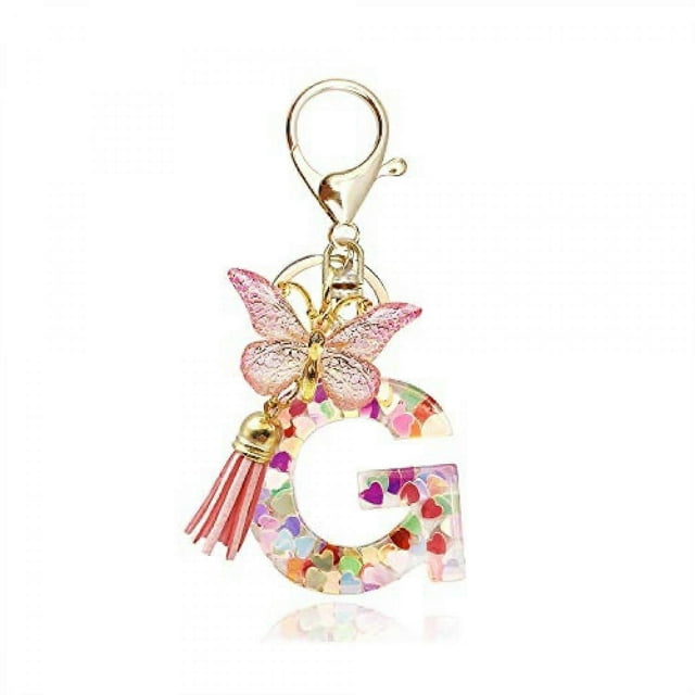 Fashion Alphabet Initial Letter Keychain Tassel Butterfly Pendant Key Ring for Purse Handbags Women Girl--G