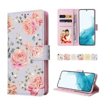 Nalacover Wallet Case for Samsung Galaxy S22, Bling Flower Pattern PU Leather Wrist Strap Handbag Magnetic Clasp Flip Cover with Kickstand Card Slots Holder Soft TPU Shockproof Case,Pink Rose