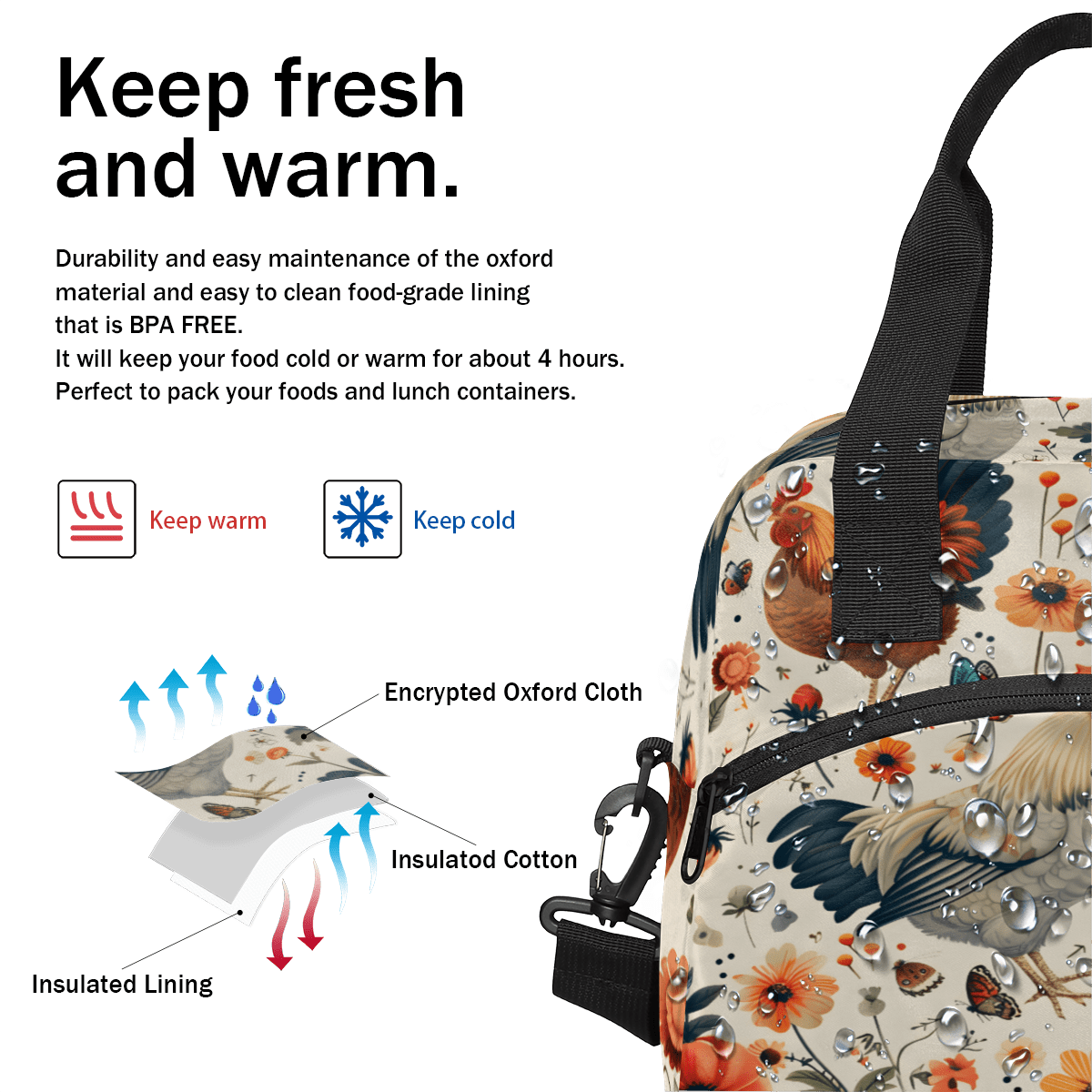 Herdesigns Chicken Cock Insulated Lunch Bag for Women Men Adults Large Reusable Lunch Box Hens Rooster Leakproof Cooler Tote Bags with Adjustable Shoulder Strap