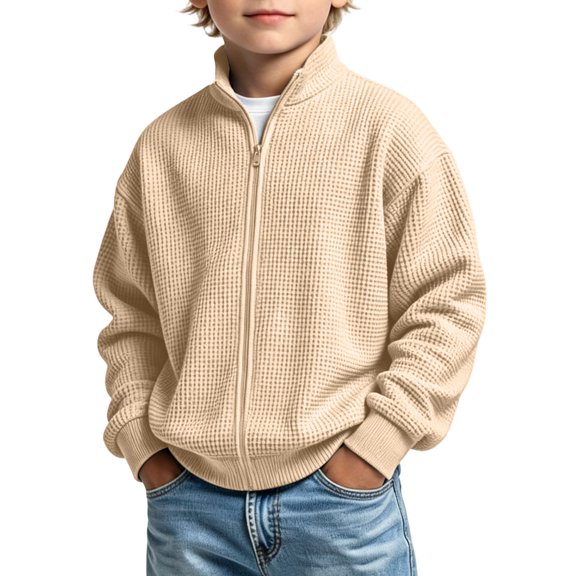 Abcomgle Boys Waffle Knit Pullover Stand Collar Long Sleeve Kids Pullover Sweatshirts Fashion Full Zip Sweaters for Boys Loose Fit Boys Fall Shirts