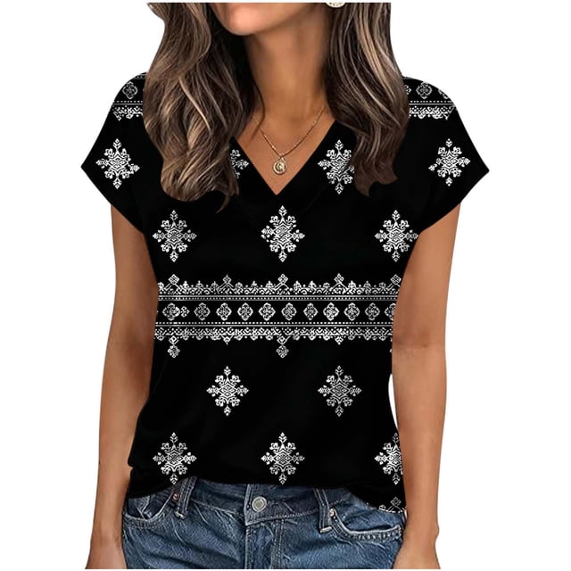 Camiseta de Manga Corta Impresa con Cuello en V, Tops Cortos para las Mujeres Blusa de Suéter Suave con Ajuste Relajado, Camiseta de Moda Diaria Ligera