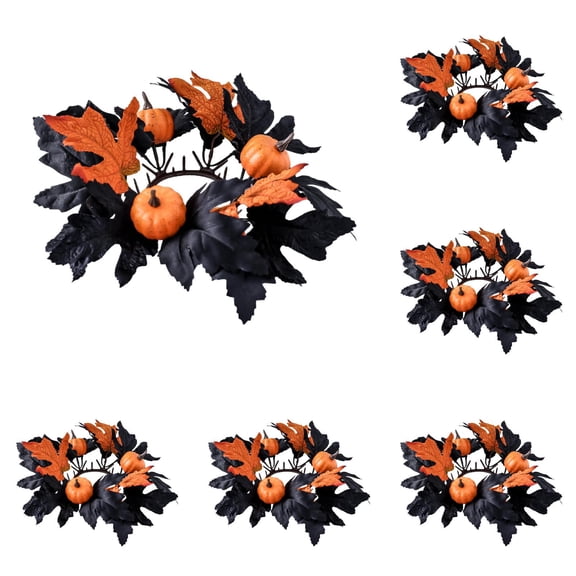 Halloween Candle Rings Wreaths for Pillar Candles with Artificial Maple Leaves Pumpkin and Flowers,Fall Thanksgiving Table Centerpiece Decor for Home Dining Party Mantel Halloween Decorations