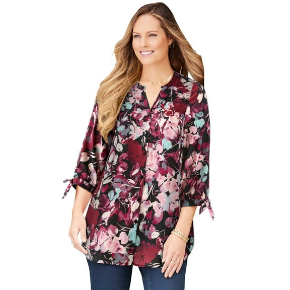 Catherines Women's Plus Size Georgette Button Down Tie Sleeve Cafe Blouse