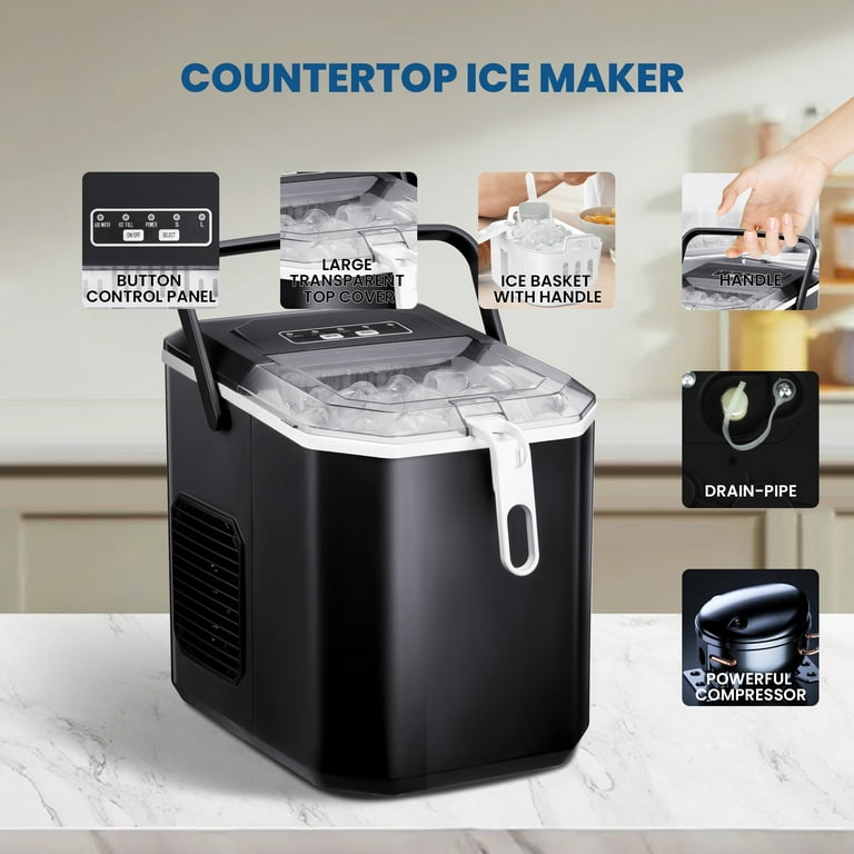 LHRIVER Countertop Ice Maker, Portable Ice Machine with Handle, 26Lbs/24H,  9 Cubes Ready in 8 Mins, with Ice Scoop and Basket, for  Home/Office/Bar/Party (Black) 