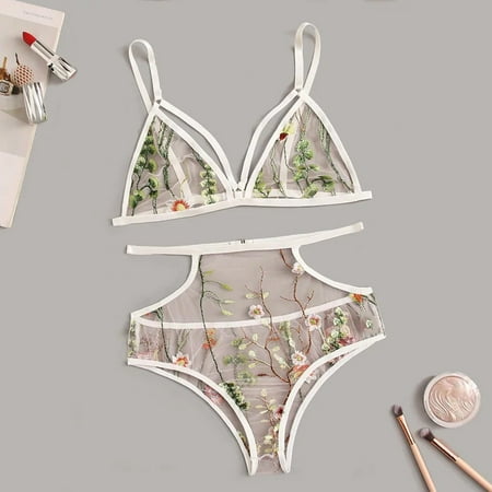 

UoCefik Womens Embroidery Mesh Floral Lingerie Set Sexy Hollow Out Halter Lingerie for Women 2 Piece Set