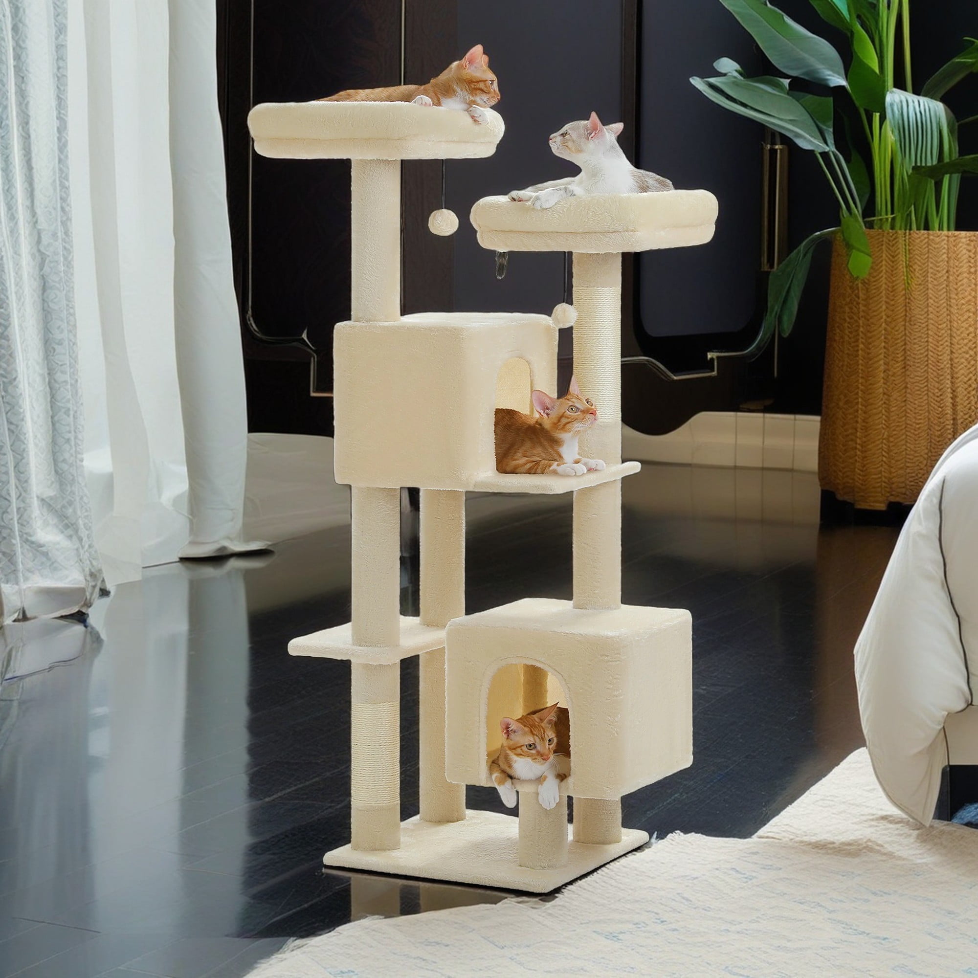 Kadyn 52" Multilevel Cat Tree Tower for Indoor Cats, Plush Cat Tree House with 2 Padded Perches, 2 Condos and 2 Scratching Posts, Beige