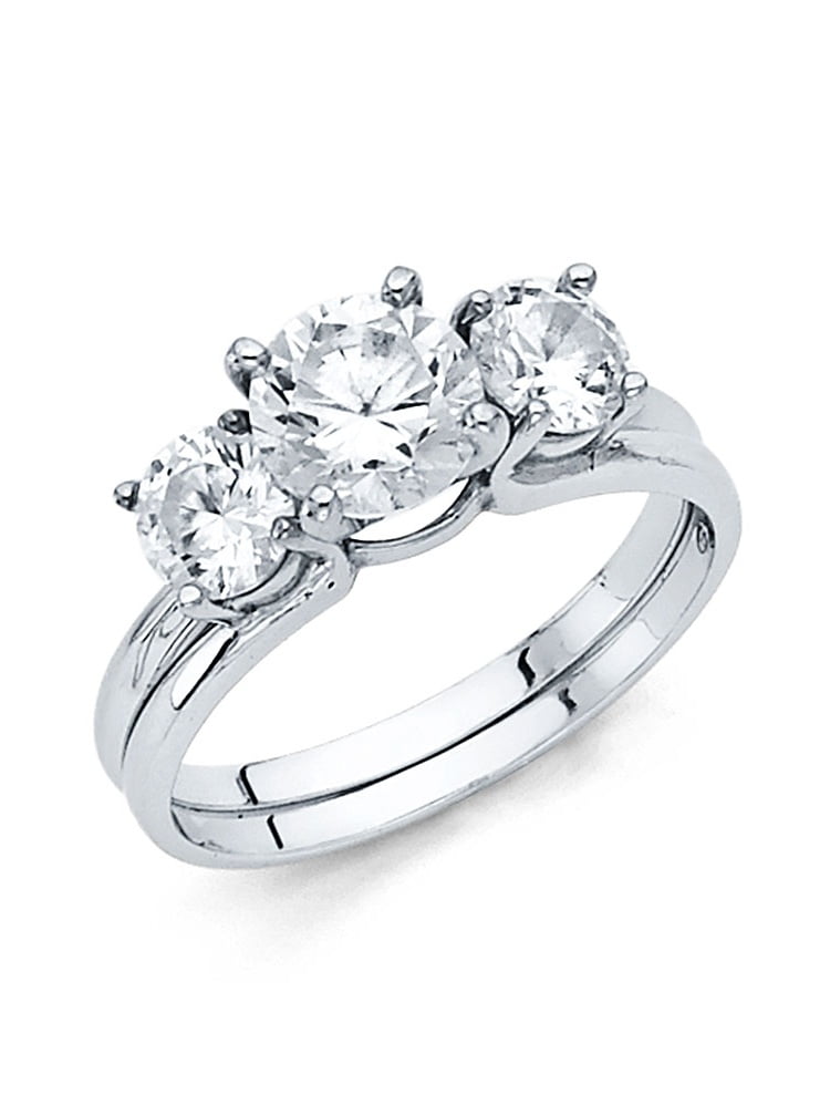 14k White Gold Three Stone CZ Engagement Ring & Wedding