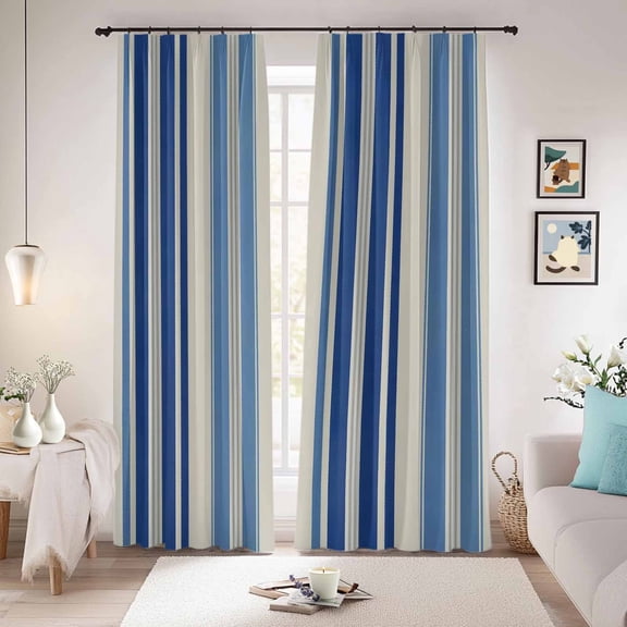 Blue Striped Blackout Curtains for Bedroom/Living Room, Pinch Pleated Black Out Curtains, Farmhouse Modern Stripes Room Darkening Window Drapes with Hooks 2 Panels, 59"x70"