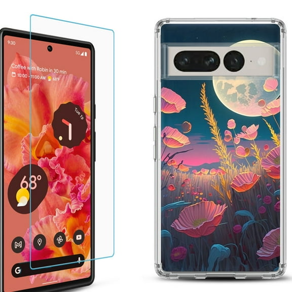 Shockproof Bumper Phone Case for Google Pixel 7, with Tempered Glass Screen Protector, by OneToughShield ® - Moon Poppies