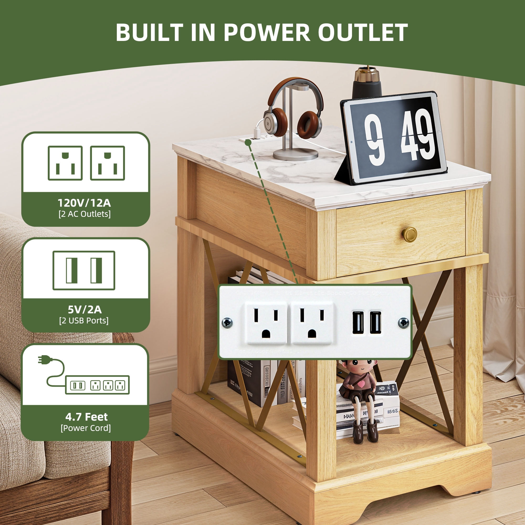 Uforic End Table with Charging Station for Living Room, Nightstand Side Table with Drawer, Natural